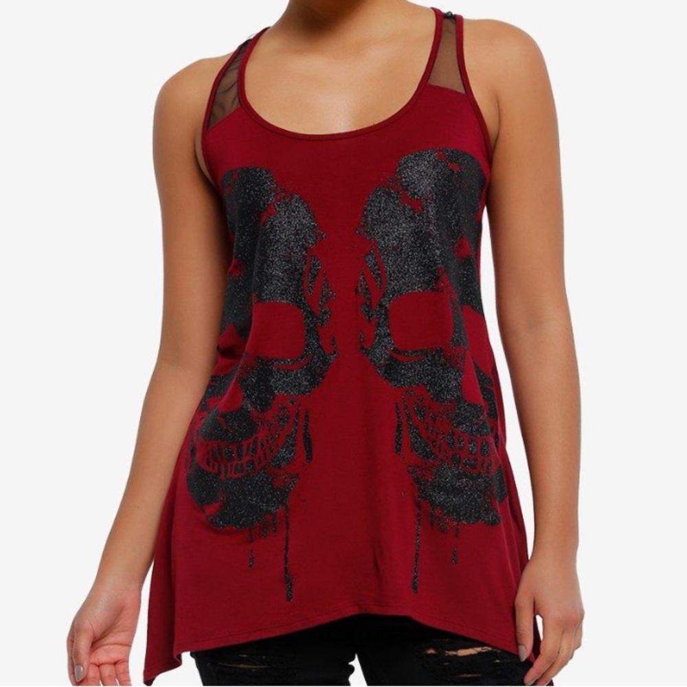 Midnight Hour Burgundy Glitter Skull Shark Bite Tank‎ Top Hot Topic Halloween